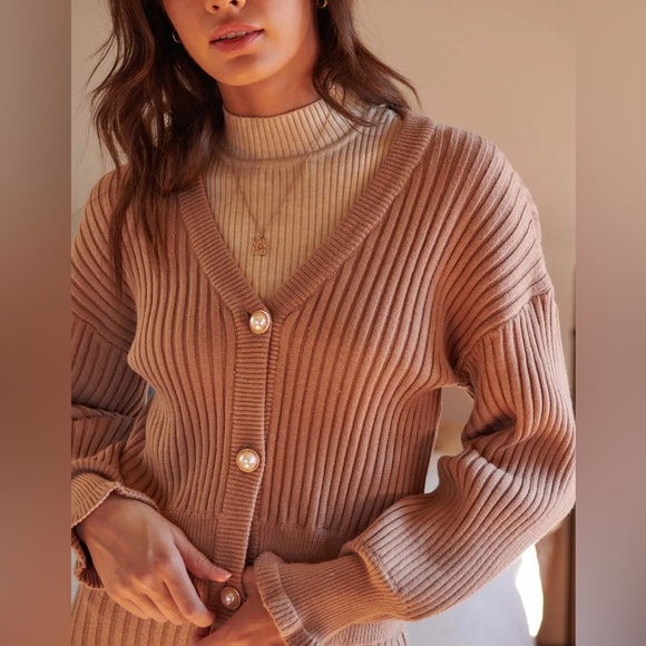 Tan Pearl Button Rib-Knit Cardigan - Picture 4 of 10